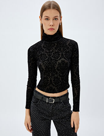 Floral Kadife Crop Body Balıkçı Yaka Uzun Kollu Slim Fit