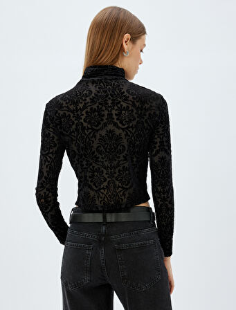 Floral Kadife Crop Body Balıkçı Yaka Uzun Kollu Slim Fit