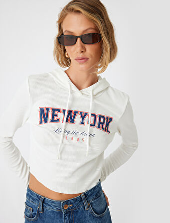 Kolej Kapüşonlu Tişört Fitilli Baskılı Uzun Kollu Slim Fit