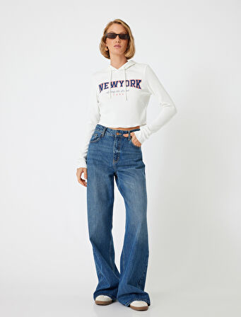 Kolej Kapüşonlu Tişört Fitilli Baskılı Uzun Kollu Slim Fit