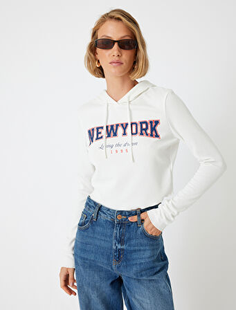 Kolej Kapüşonlu Tişört Fitilli Baskılı Uzun Kollu Slim Fit