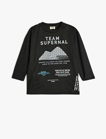 Oversize Tişört Slogan Baskı Detaylı Uzun Kollu Bisiklet Yaka 