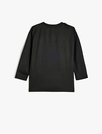 Oversize Tişört Slogan Baskı Detaylı Uzun Kollu Bisiklet Yaka 