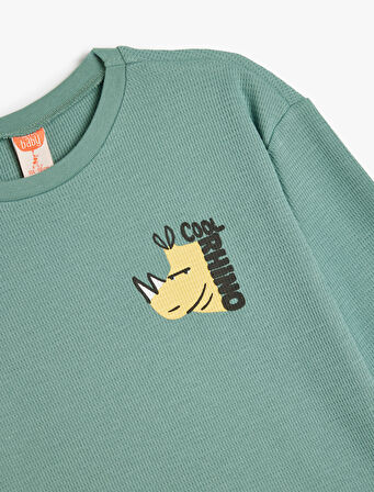 Tişört Uzun Kollu Bisiklet Yaka Dokulu Gergedan Baskı Detaylı 