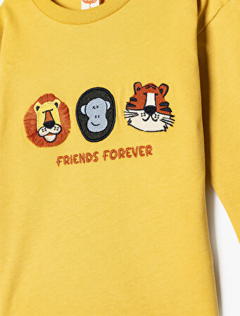 Tişört Hayvanlar Baskılı Uzun Kollu Bisiklet Yaka Pamuklu