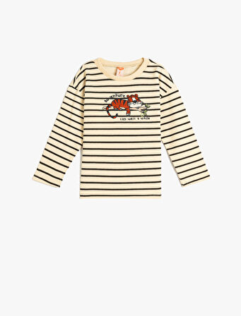 Tişört Uzun Kollu Kaplan İşlemeli Bisiklet Yaka Pamuklu