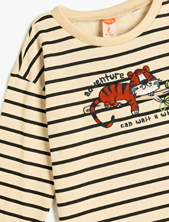 Tişört Uzun Kollu Kaplan İşlemeli Bisiklet Yaka Pamuklu