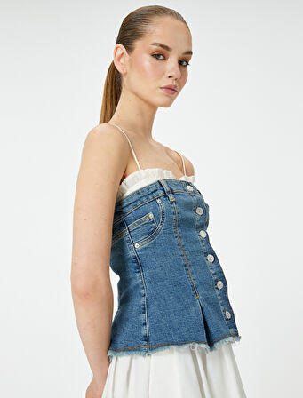 Straplez Düğmeli Denim Üst