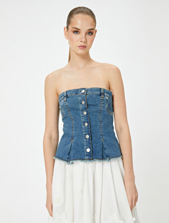 Straplez Düğmeli Denim Üst