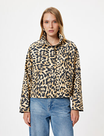 Leopar Desenli Fermuarlı Dik Yaka Ceket
