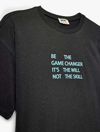 Oversize Tişört Slogan Baskılı Kısa Kollu Bisiklet Yaka Pamuklu