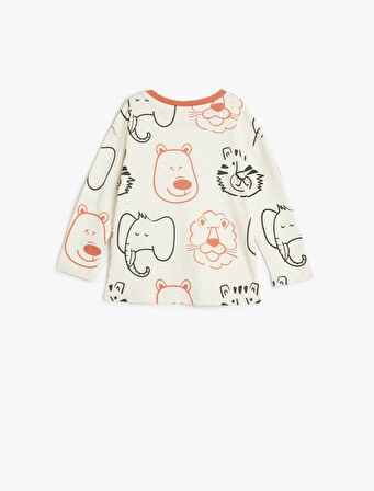 Tişört Hayvanlar Baskılı Uzun Kollu Bisiklet Yaka Pamuklu