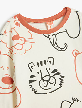 Tişört Hayvanlar Baskılı Uzun Kollu Bisiklet Yaka Pamuklu