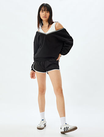 Spor Oversize Sweatshirt V Yaka Biyeli Uzun Kollu