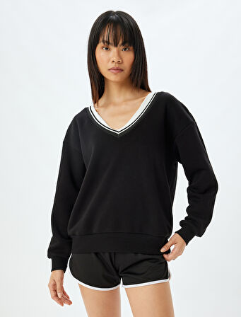 Spor Oversize Sweatshirt V Yaka Biyeli Uzun Kollu