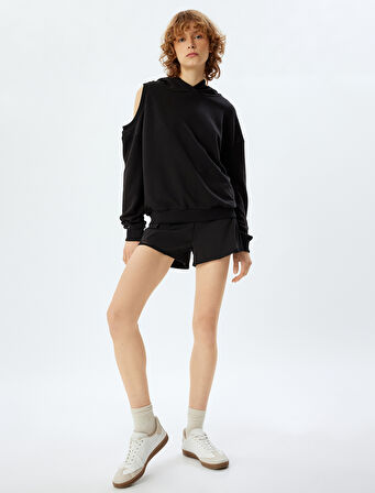 Oversize Sweatshirt Kapüşonlu Pencere Detaylı Uzun Kollu