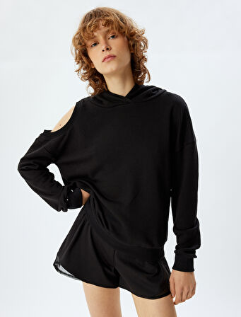 Oversize Sweatshirt Kapüşonlu Pencere Detaylı Uzun Kollu
