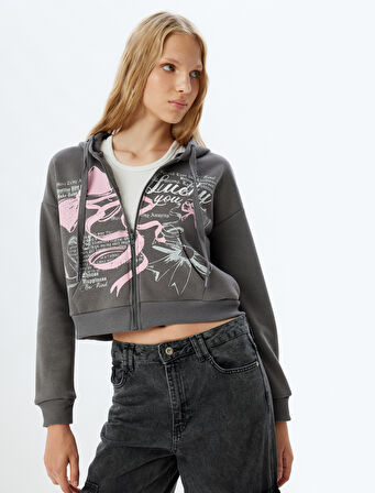 Crop Sweatshirt Fermuarlı Kapüşonlu Baskılı Cep Detaylı Şardonlu