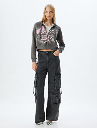 Crop Sweatshirt Fermuarlı Kapüşonlu Baskılı Cep Detaylı Şardonlu