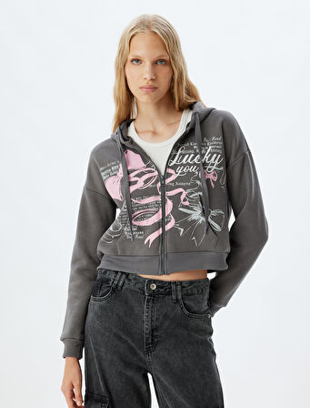 Crop Sweatshirt Fermuarlı Kapüşonlu Baskılı Cep Detaylı Şardonlu