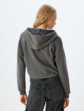 Crop Sweatshirt Fermuarlı Kapüşonlu Baskılı Cep Detaylı Şardonlu