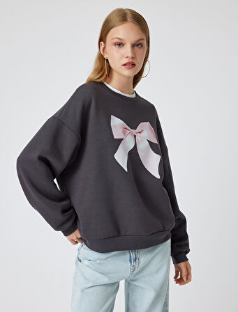 Oversize Sweatshirt Fiyonk Baskılı Bisiklet Yaka Şardonlu