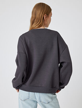 Oversize Sweatshirt Fiyonk Baskılı Bisiklet Yaka Şardonlu