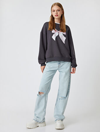 Oversize Sweatshirt Fiyonk Baskılı Bisiklet Yaka Şardonlu