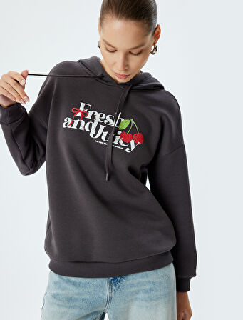 Oversize Sweatshirt Arkası Meyve Baskılı Kapüşonlu Şardonlu