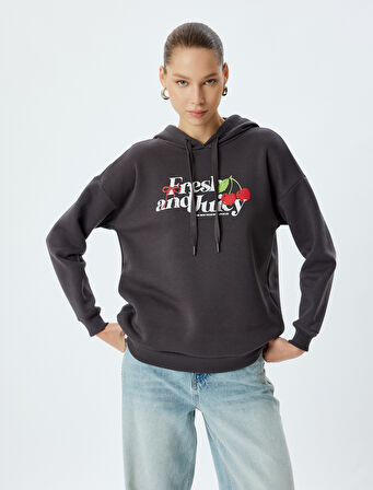 Oversize Sweatshirt Arkası Meyve Baskılı Kapüşonlu Şardonlu