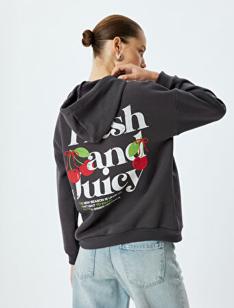 Oversize Sweatshirt Arkası Meyve Baskılı Kapüşonlu Şardonlu