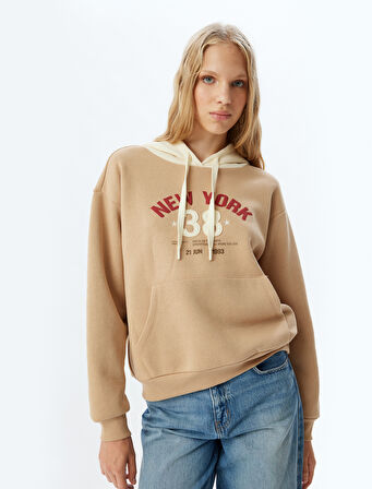 Kolej Sweatshirt Kapüşonlu Baskılı Kanguru Cepli Rahat Kalıp