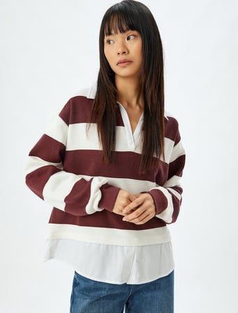 Gömlek Yaka Sweatshirt Oversize Renk Bloklu Şardonlu