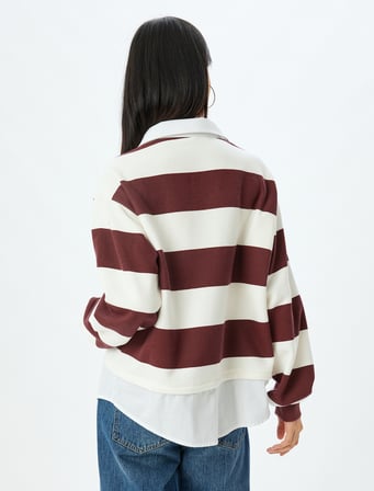 Gömlek Yaka Sweatshirt Oversize Renk Bloklu Şardonlu