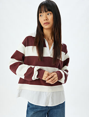 Gömlek Yaka Sweatshirt Oversize Renk Bloklu Şardonlu