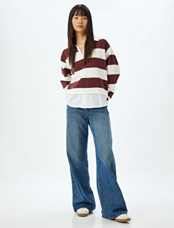 Gömlek Yaka Sweatshirt Oversize Renk Bloklu Şardonlu