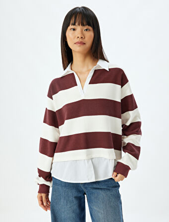 Gömlek Yaka Sweatshirt Oversize Renk Bloklu Şardonlu