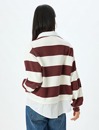 Gömlek Yaka Sweatshirt Oversize Renk Bloklu Şardonlu