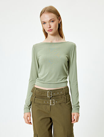 Basic Tişört Uzun Kollu Bisiklet Yaka Drapeli Viskon Karışımlı