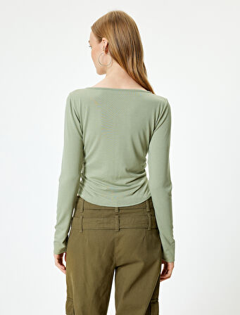 Basic Tişört Uzun Kollu Bisiklet Yaka Drapeli Viskon Karışımlı