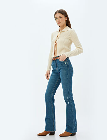 İspanyol Paça Kot Pantolon Yıpratılmış Yüksek Bel Slim Fit - Flare Jeans