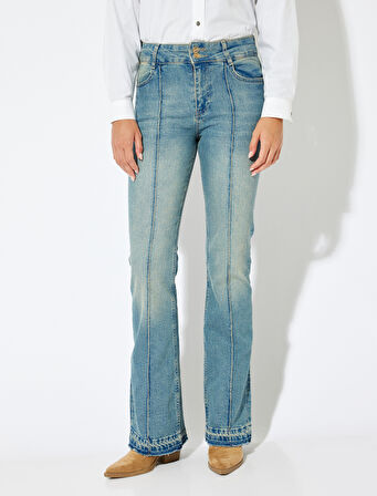İspanyol Paça Kot Pantolon Slim Fit Standart Bel Nervürlü Düğmeli - Flare Jean