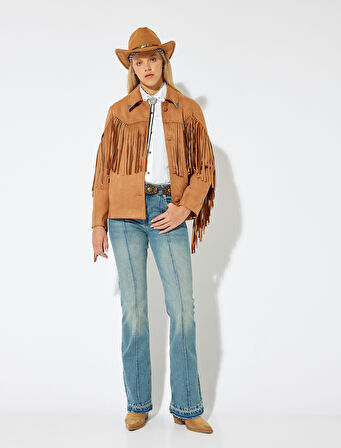 İspanyol Paça Kot Pantolon Slim Fit Standart Bel Nervürlü Düğmeli - Flare Jean