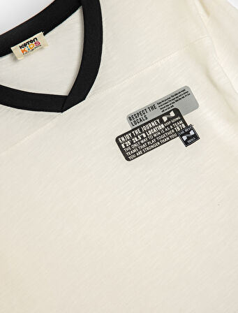 Tişört Slogan Baskılı Uzun Kollu V Yaka Pamuklu