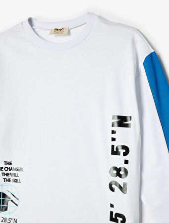Oversize Tişört Slogan Baskılı Uzun Kollu Bisiklet Yaka Pamuklu