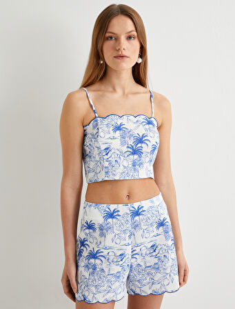 İnce Askılı Floral Büstiyer Limon Baskılı Slim Fit