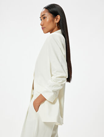 Keten Kruvaze Blazer Ceket Astarlı Kapaklı Cep Detaylı 