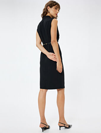 Kolsuz Mini Elbise Dik Yaka Kemer Detaylı