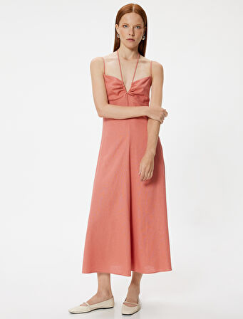 Uzun Keten Elbise Askılı Boyundan Bağlama Detaylı 