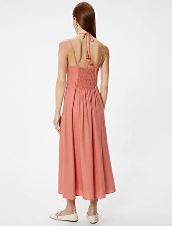 Uzun Keten Elbise Askılı Boyundan Bağlama Detaylı 